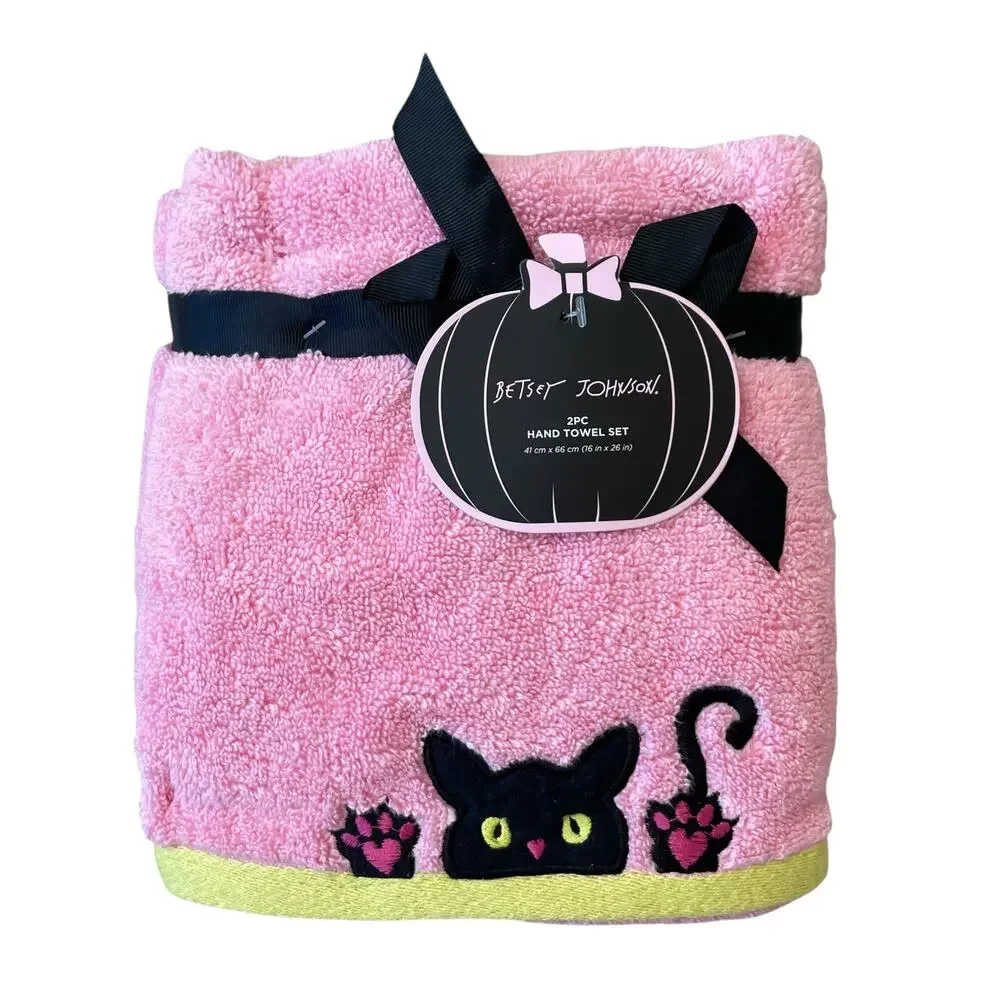 Betsey Johnson Pink Halloween Cat Hand Towels 16x26 Cotton Embroidered Set of 2